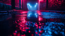 Dark Street, Reflection Of Neon Light On Wet Asphalt. Rays Of Light And Red Laser Light In The Dark. Night View Of The Street, The City. Abstract Dark Blue Background.