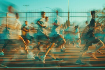 Poster - Blurry image of people running, suitable for illustrating motion and activity