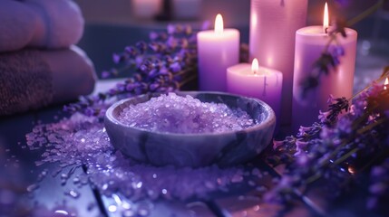 Aufkleber - A calming arrangement of sea salt, candles, and lavender flowers. Ideal for spa or relaxation concepts