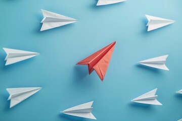 Aufkleber - Red paper airplane flying through a group of white paper planes, ideal for business and leadership concepts