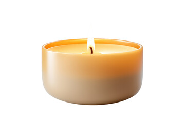 White Candle Lit on White Background. A white candle is burning brightly on a plain white background. The flame flickers and illuminates the surrounding area with a warm glow.