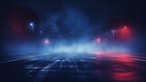 Fototapeta Londyn - Dark Street Background with Thick Fog, Spotlight, and Blue and Red Neon Lights. Abstract Night View with Neon Lights.