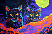 1970s Psychedelic Blacklight Poster Of Cats