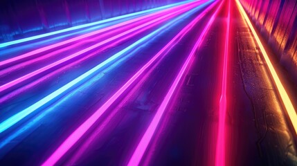 Poster - A long line of neon lights illuminating a dark room. Perfect for urban and nightlife themes