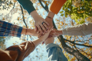 Wall Mural - A group of people joining hands in unity. Perfect for team building concepts