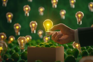 Poster - Person holding a light bulb in front of green plants, suitable for environmental concepts