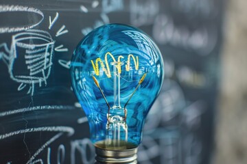 Poster - A blue light bulb on top of a blackboard. Perfect for educational concepts