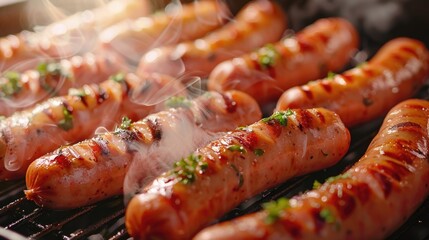 Wall Mural - Hot dogs cooking on a grill, perfect for summer BBQs