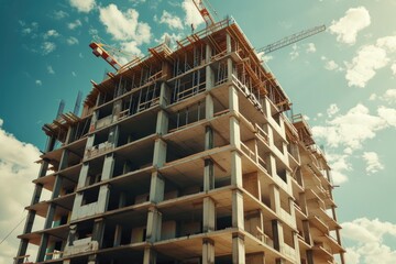 Poster - A tall building with a crane on top. Suitable for construction and urban development concepts