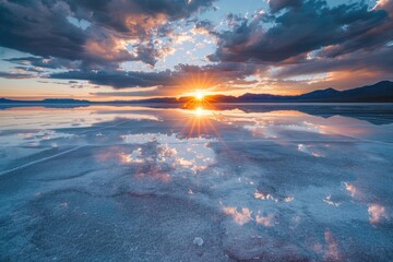Poster - A beautiful sunset scene over water in the desert. Suitable for various travel and nature-themed projects