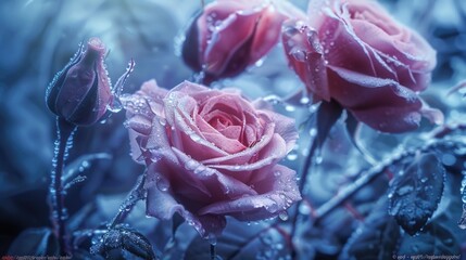 Poster - Close-up of two pink roses with water droplets, perfect for nature backgrounds or greeting cards