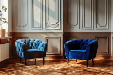 Poster - Two blue chairs in a room with wood floors. Suitable for interior design concepts