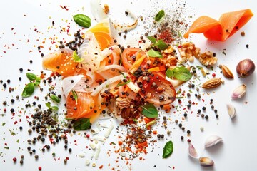 Aufkleber - A white plate filled with a variety of delicious foods. Ideal for food blogs or restaurant menus