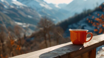 Poster - A cup of coffee on a wooden railing. Ideal for coffee shops and cafes