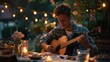 A man playing a guitar at a dinner table, suitable for lifestyle blogs or music-related content