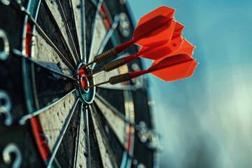 Poster - Close up of a dart hitting a target, suitable for business and success concepts