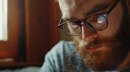 Poster - A man with a beard and glasses looking at a cell phone. Suitable for technology concepts