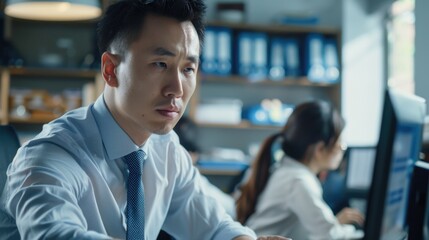Poster - A man sitting in front of a computer monitor. Suitable for technology concepts