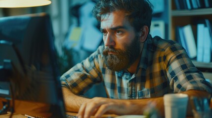 Poster - A man sitting at a desk using a computer. Suitable for business concepts