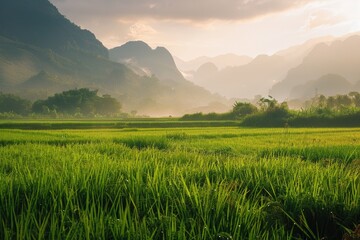 Aufkleber - Scenic view of green grass field with mountains in the background. Suitable for nature and landscape concepts
