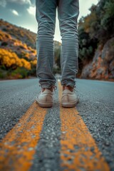 Poster - A person standing alone in the middle of a road, suitable for various concepts