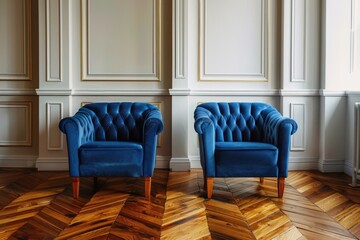 Aufkleber - Two blue chairs on a wooden floor, suitable for interior design projects
