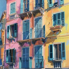 Poster - A painting of a multi-story building with numerous windows and balconies. Suitable for architectural designs and real estate concepts