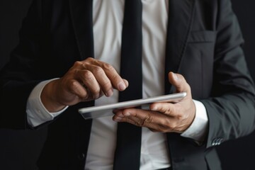 Aufkleber - A man in a suit holding a cell phone. Suitable for business concept