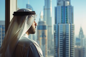 Aufkleber - A man standing in front of a window, gazing out at a cityscape. Suitable for business or travel concepts