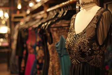 Vintage mannequin dressed in an embroidered boho chic dress at a boutique.

