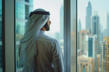 Aufkleber - A man standing in front of a window looking out at a city. Suitable for business and urban lifestyle concepts