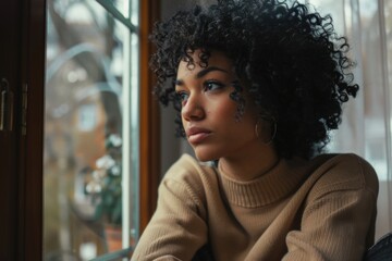 Aufkleber - A woman with curly hair staring out a window. Perfect for lifestyle and introspective concepts