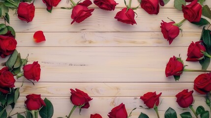 Poster - A heart made out of red roses on a wooden table. Ideal for Valentine's Day or love-themed projects