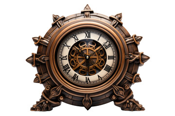 Clock Sitting on Table. A clock is placed on a wooden table, displaying the time. The clocks hands are ticking, indicating the passing of time. on White or PNG Transparent Background.