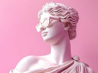 Wall Mural - Ancient Greek female Statue wearing Sunglasses. Stone Sculpture of Woman head on pink background for modern art. Element for Collages in the y2k style. Goddess made of gypsum clay