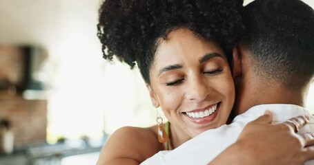 Poster - Couple, hug and romance in home with love for bonding, support and healthy relationship with rear view. Woman, man and face with embrace in kitchen for commitment, comfort or happiness with affection