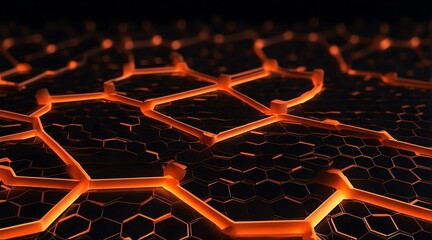 Hexagonal grid glowing neon light orange lines and connections on black background, technology network concept from Generative AI