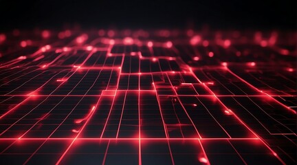 Wall Mural - Square grid mesh glowing neon light red lines and connections on black background, technology network concept from Generative AI