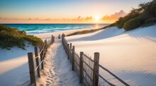 Fenced Path To White Sand Beach At Sunset From Generative AI
