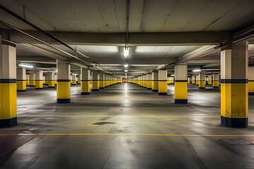 Wall Mural - Empty shopping mall underground parking lot or garage interior with concrete stripe painted columns,