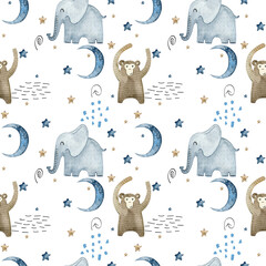 Watercolor seamless pattern with hand drawn animals. Exotic wallpaper for fabric, wrapping paper, etc