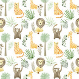 Fototapeta Dziecięca - Watercolor seamless pattern with safari animals. Exotic wallpaper for fabric, wrapping paper, etc
