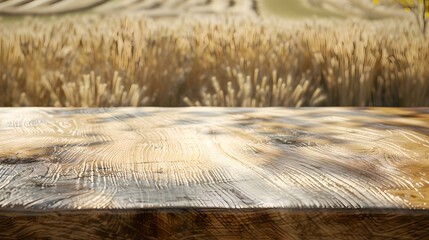 Canvas Print - Rustic wooden table top with golden wheat field background. perfect for product display. simple and natural composition. AI