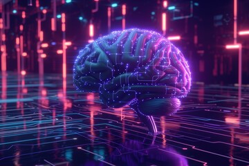 Poster - connection of brain and technology, mind connected to a computer board