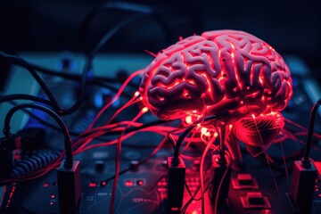 Poster - connection of brain and technology, mind connected to a computer board