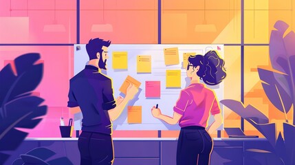 Aufkleber - Creative team brainstorming in a vibrant office. professionals collaborating on a project. modern workplace illustration for businesses. AI