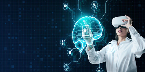 Poster - Attractive woman with VR glasses using creative glowing digital brain hologram on blurry background. AI and futuristic hud elements.