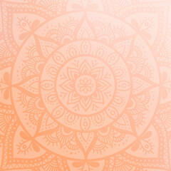 Wall Mural - Round mandala on dreamy peach fuzz gradient background. Translucent mesh pattern in the form of a mandala. Mandala with floral patterns. Pastel Yoga template.