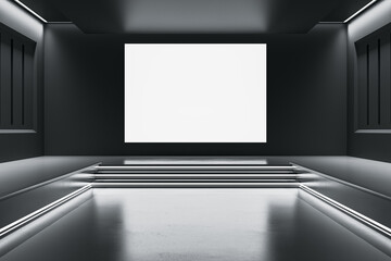 Poster - Modern black exhibition hall or museum interior with white mock up banner on wall. 3D Rendering.