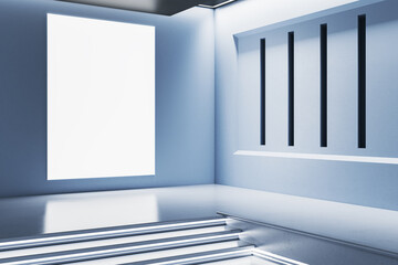 Poster - Modern blue exhibition hall or museum interior with white mock up billboard on wall. 3D Rendering.